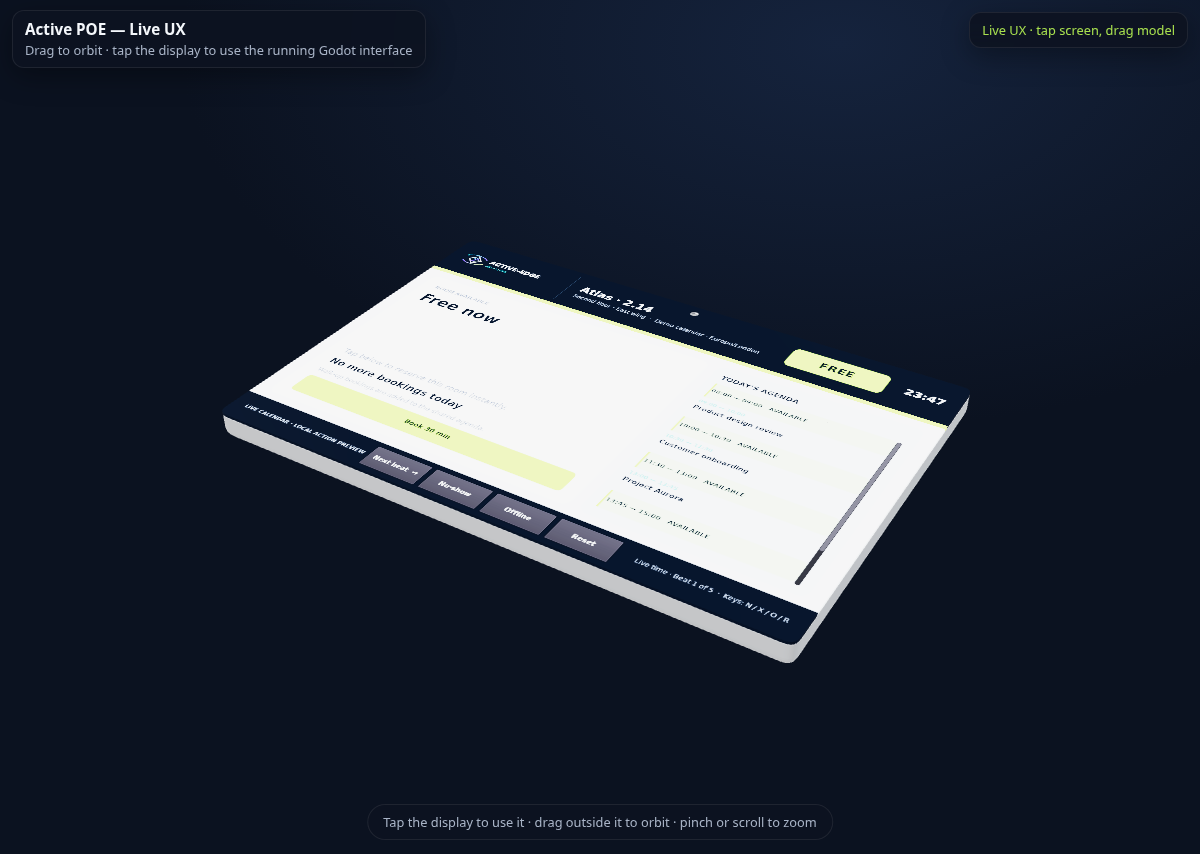 Active Booking Screen live UX running on a movable 3D product twin